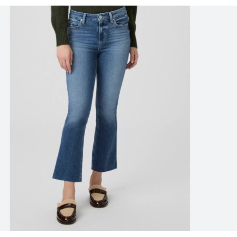 Paige Colette Crop Flare High Rise Jeans Womens 27 Blue Slow Dance Raw Hem Denim